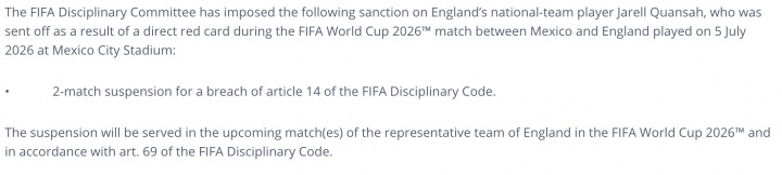 宽萨两场禁赛成定局,英足总上诉无门 FIFA公告未引第27条 宽萨两场禁赛成定局,英足总上诉无门 FIFA公告未引第27条