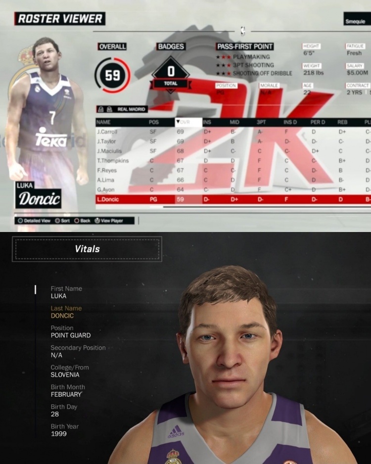 2K19首秀评分仅59,东契奇脸模遭调侃
