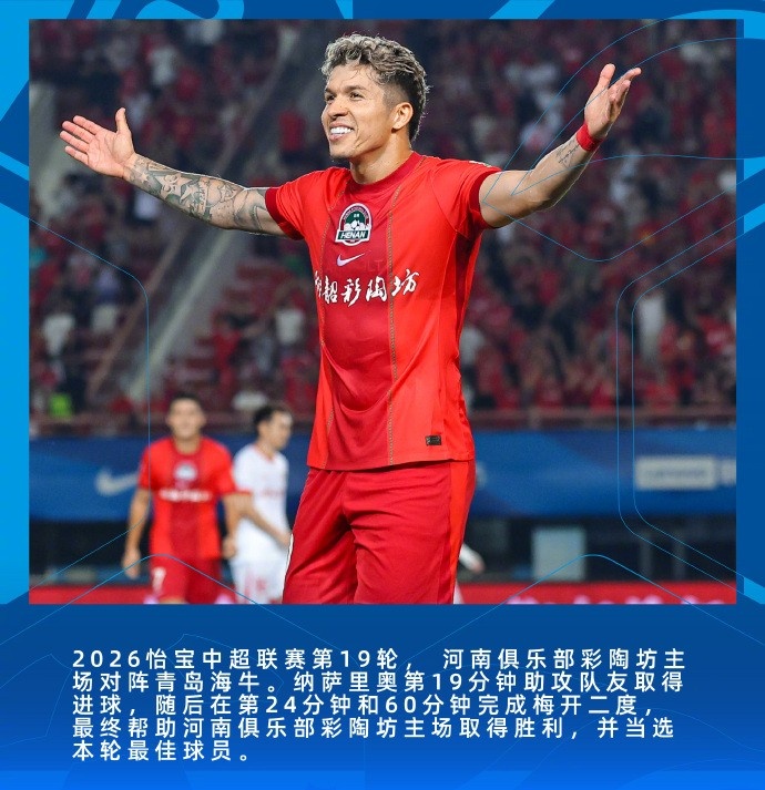 纳萨里奥2射1传当选第19轮MVP 河南主场3球击败海牛